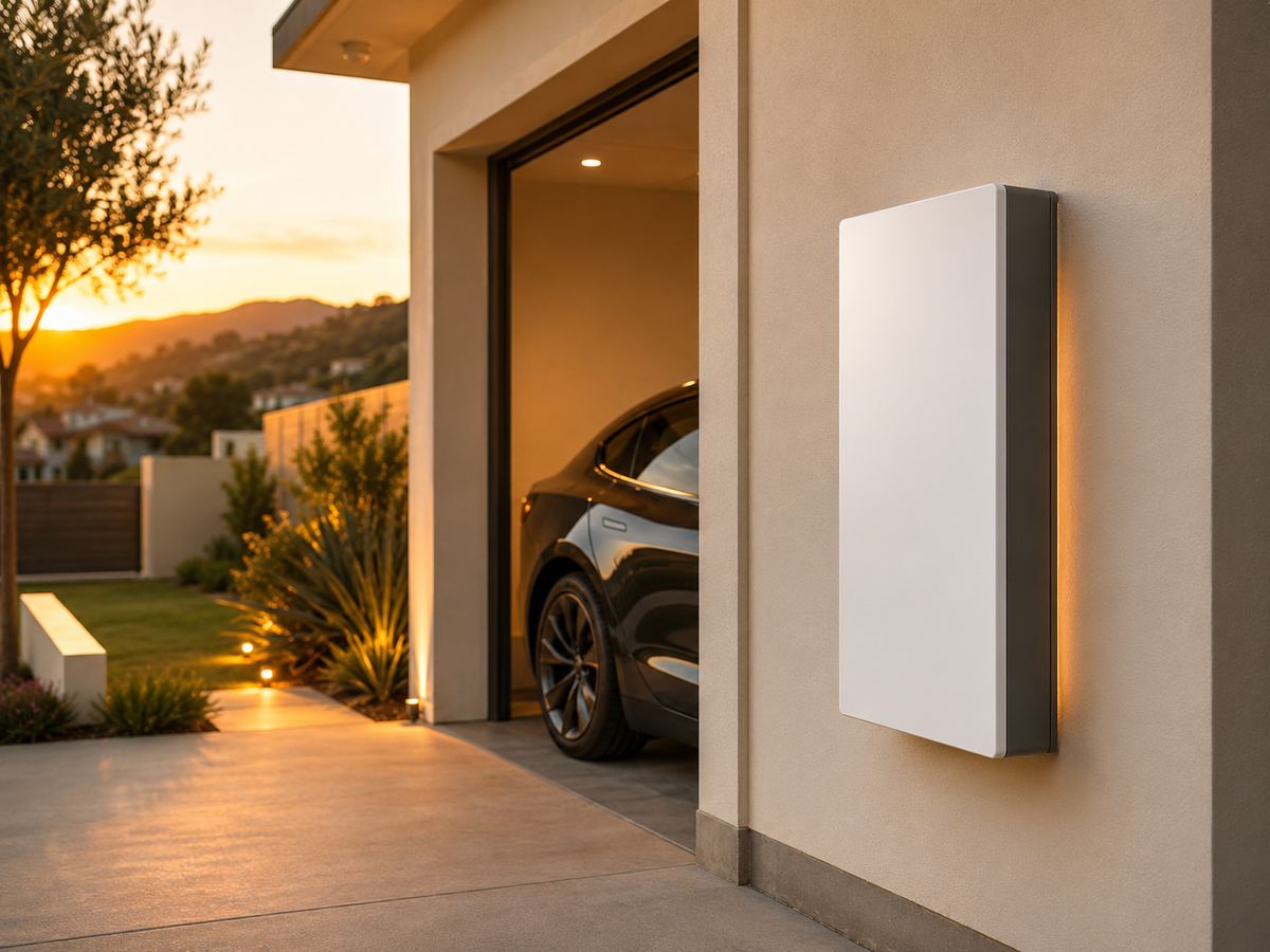 Sleek home battery unit installed in a garage