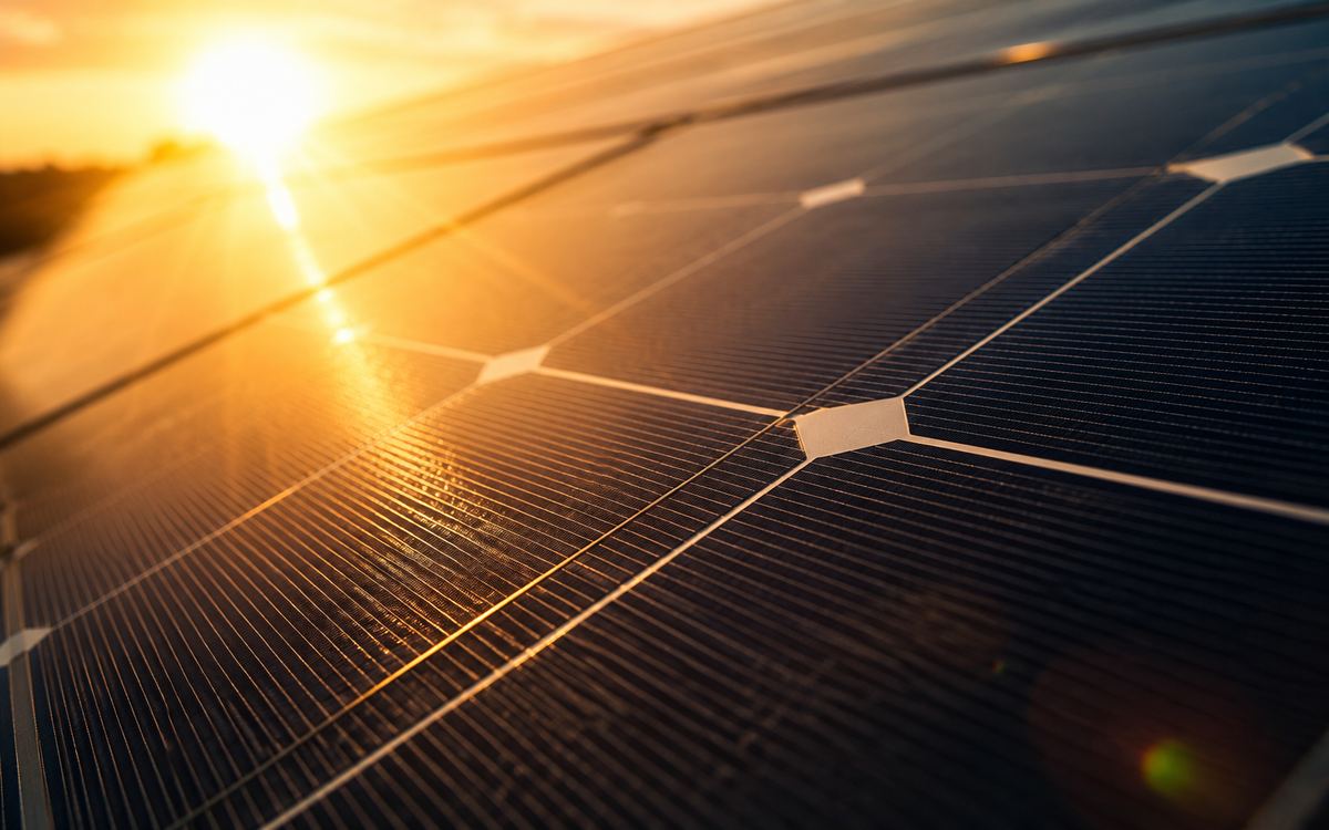Diagram-style photo of sunlight hitting solar cells